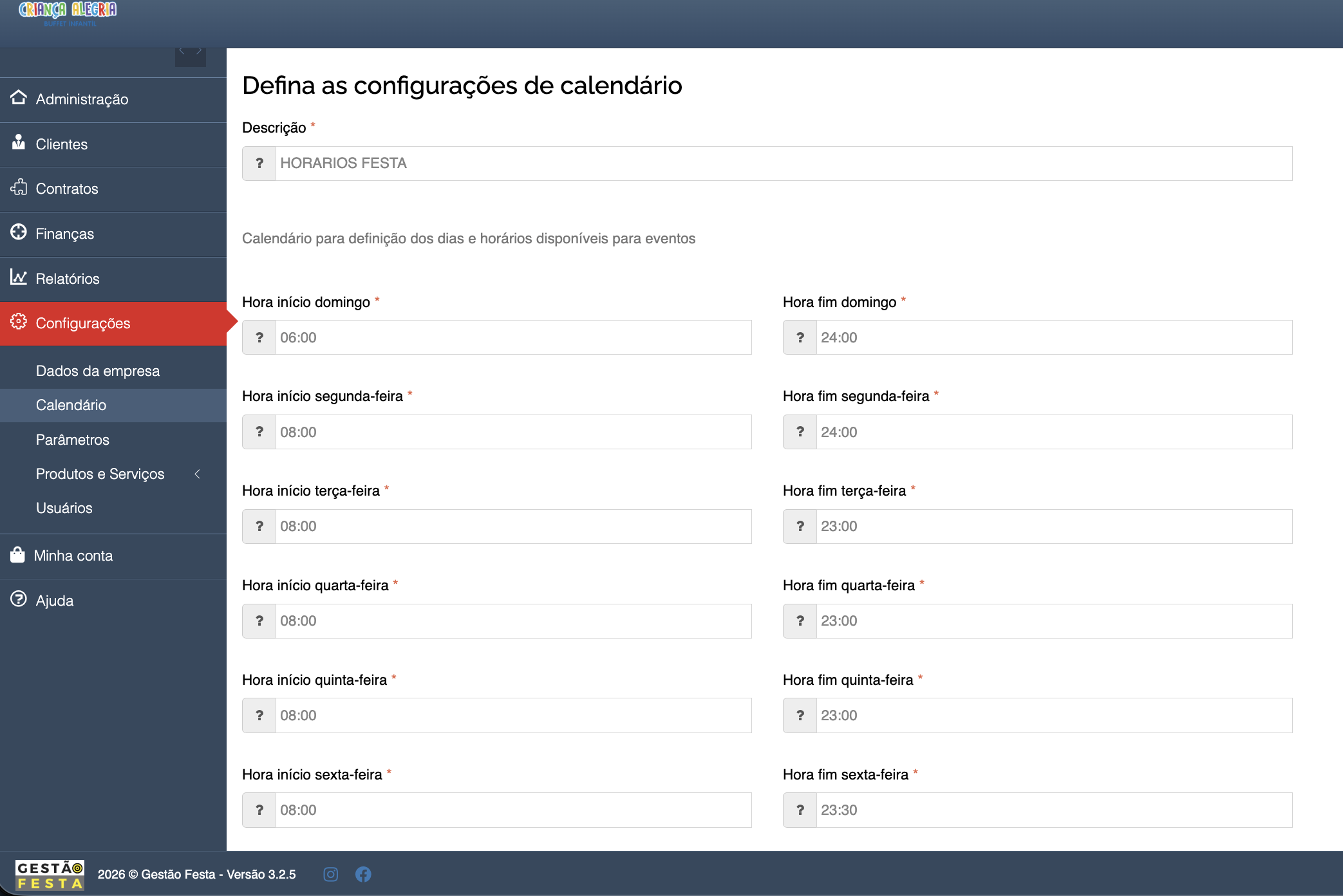 Tela de configuração de calendário do Gestão Festa