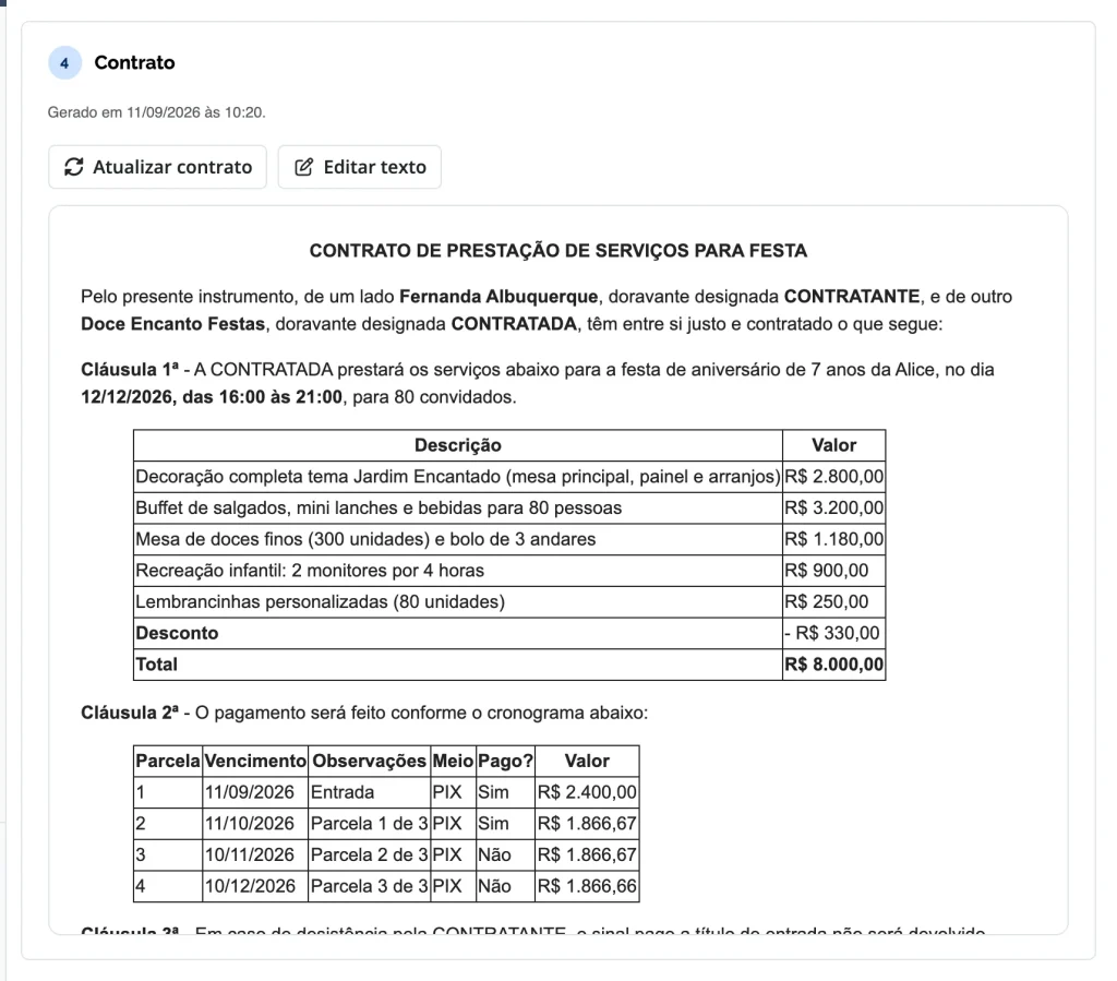Contrato de prestação de serviços gerado com itens, valores e parcelas