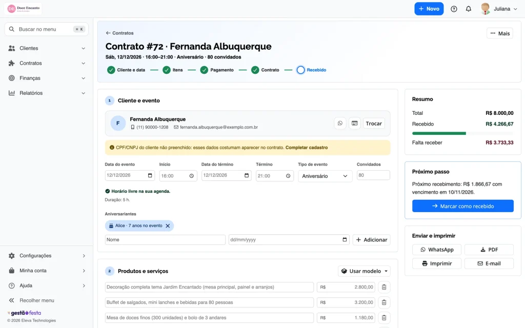 Tela do contrato com etapas, dados do cliente e resumo do valor recebido